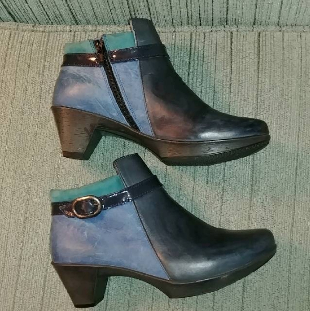 Naot blue heeled leather booties.